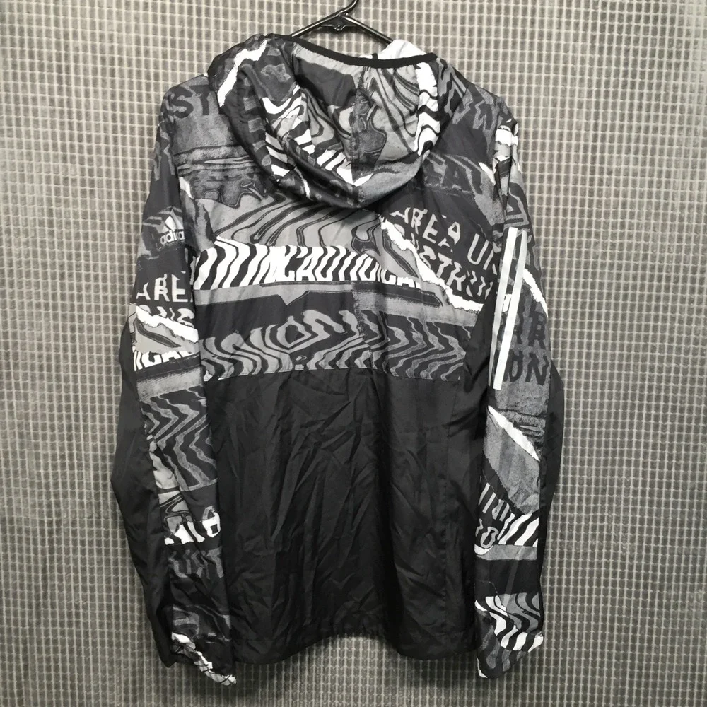 Adidas Mens Running Windbreaker Jacket Graphic Print Hooded ED9284 Medium Black